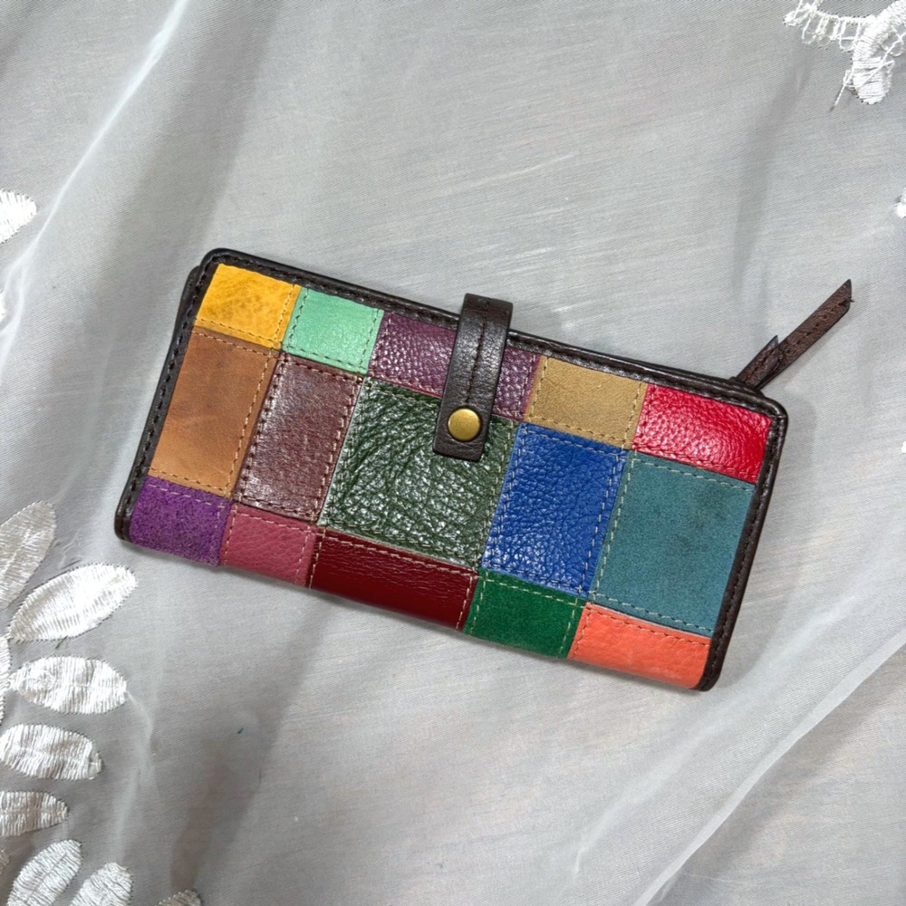 Y2K Boho Wilsons Leather Patchwork Bifold Wallet Multi Color Suede Slim Organize